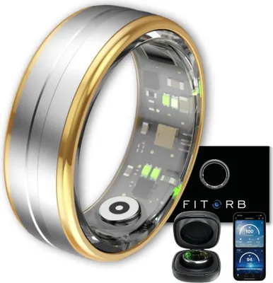 A smart ring and its accessories are displayed against a white background.