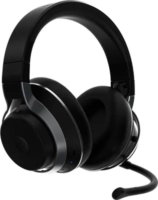 A black wireless gaming headset with a microphone is shown against a white background.