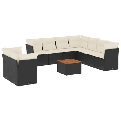 Produktbild von 11-tlg. Garten-Lounge-Set, modulares Sofa-Set mit Stauraum, Poly Rattan Schwarz, Akazienholz-Tisch, cremeweiße Kissen, UV-beständig