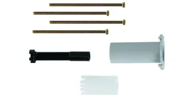 A collection of plumbing parts, including screws, a black cylindrical piece, and a gray cylindrical piece with a flange, arranged on a white background.