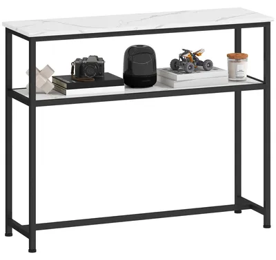 Produktbild von Schmaler Konsolentisch mit Marmoroptik, offenem Regal und Metallgestell, 100 x 30 x 81 cm, Wei?