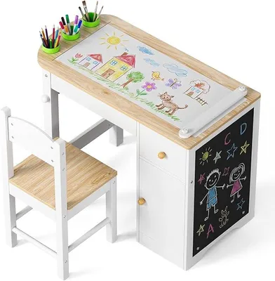 Imagen del producto de Juego de mesa y silla para niños con pizarra, mesa infantil de madera, color blanco