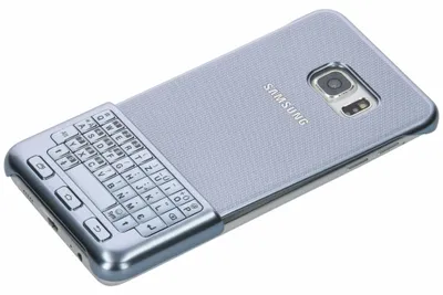 A silver Samsung smartphone with a slide-out keyboard is shown from a diagonal angle against a white background.