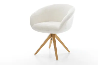 Produktbild von DELIFE Drehstuhl Vinka-Flex mit Armlehnen Bouclé Soft Beige Holzgestell kantig Natur 360° drehbar Taschenfederkern