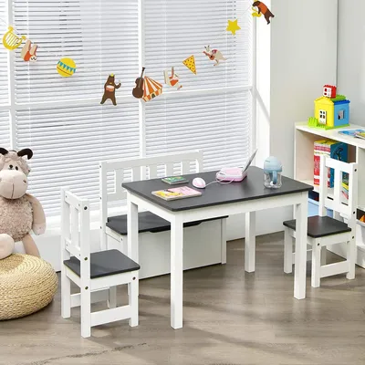 Produktbild von Kindersitzgruppe mit 40L Stauraum, Tisch + 2 Stühle + Truhenbank, Möbelset für Kinder, Kindertruhenbank Kindermöbelset für 4 Kinder, Holzsitzgruppe mit Spieltisch und Stuhlset (Grau)