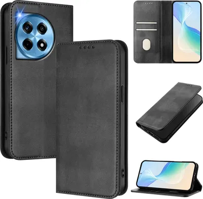 Produktbild von Handyhülle für OnePlus 12R, Vintage Leder RFID Schutz Kartenfach Standfunktion Magnetische Klapphülle Schwarz