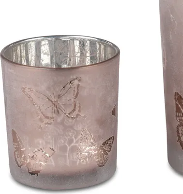 Produktbild von Teelichthalter, Windlicht Schmetterlinge H. 8cm rosa silber aus Glas Formano F25
