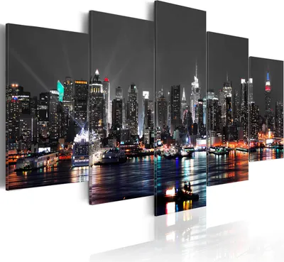 Produktbild von Modernes Wandbild d-A-0022-b-n (100x50) - 5 Teilig Bilder Fotografie auf Vlies Leinwand Foto Bild Dekoration Wand Bilder Kunstdruck NEW YORK NYC SKULINE STADT BEI NACHT