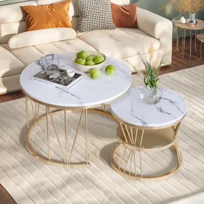 Image de Ensemble de tables basses - Tables rondes modernes - Table d'appoint - Table basse - Table pour salon - Structure en métal doré