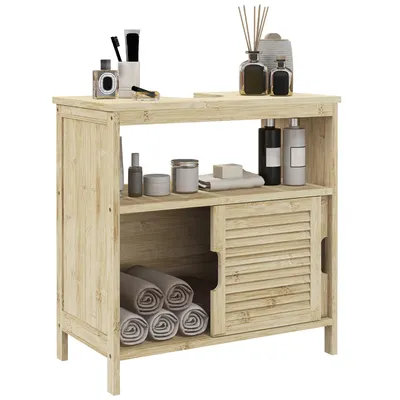 Image de HOMCOM Meuble sous lavabo en Bambou, Meuble de Rangement pour Salle de Bain avec 2 Portes coulissantes, 60 x 30 x 60 cm, Bois Naturel