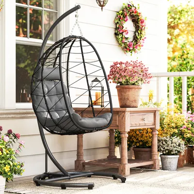 Image de Fauteuil suspendu Egg en rotin synthétique et acier, fauteuil d'extérieur pliable et résistant aux intempéries, noir | 102x102x195 cm | jusqu'à 150 kg | coussin inclus