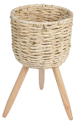 Produktbild von Übertopf NAGO Maisgeflecht mit Holzstandfuß Naturfarben, strapazierfähig, ideal für Zimmerpflanzen, Blumentopf mit Füßen