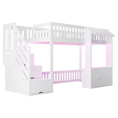 Obrázek produktu pro okwish Vysoká postel 90x200 s úložným prostorem ve schodech a LED osvětlením, dětská postel s převisem střechy, dětský pokoj, masivní dřevo, bílá (bez matrace)