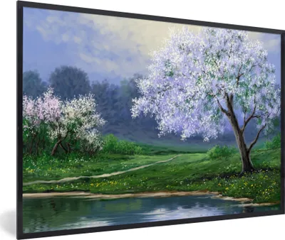 Produktbild von MuchoWow® Gerahmtes Poster Malerei - Baum - Blüte - Natur - Wasser 90x60 cm - Poster mit Schwarzem Bilderrahmen Wandposter Rahmen Foto Bilder - Fotorahmen - Foto-Plakat
