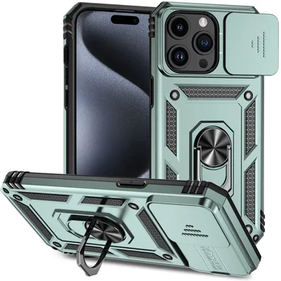 Immagine prodotto di Custodia per iPhone 15 Pro a doppio strato con copertura scorrevole della fotocamera e supporto ad anello verde