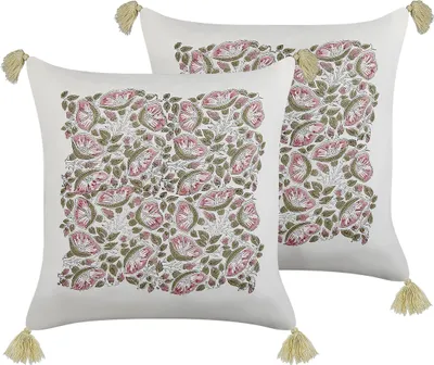 Zdjęcie produktu dla BELIANI Zestaw 2 poduszek wielokolorowy bawełna 45 x 45 cm roślinny wzór z frędzlami ręcznie wykonana zdejmowana poszewka wypełnienie w stylu boho