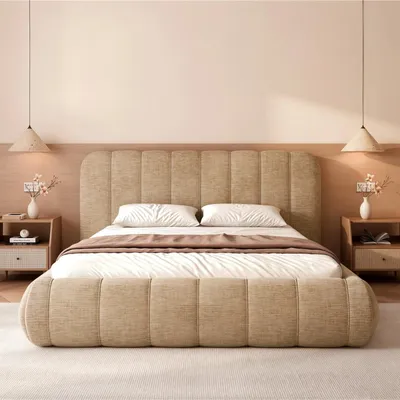 Produktbild von Polsterbett Gallo 160x200 cm Beige Chenille – Doppelbett mit Bettkasten, Lattenrost, voluminöses Kopfteil