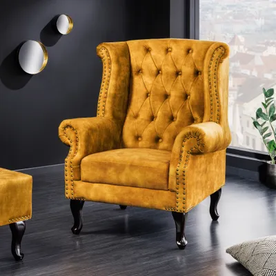 Produktbild von riess-ambiente Design Ohrensessel CHESTERFIELD 85cm senfgelb Samt Knopfheftung Federkern Lesessel Relaxsessel