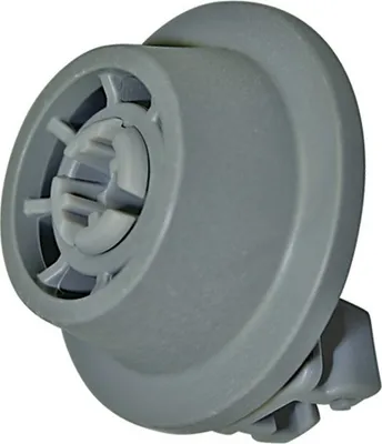 A close-up, isolated view of a single gray plastic dishwasher wheel.