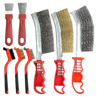 Produktbild von 8 Stück Stahlbürsten Set, Edelstahlbürsten, Drahtbürsten mit dicken Borsten, Handdrahtbürste mit Schaufel, Metallbürste mit gebogenem Griff für Entrosten, Entschmutzen und Reinigen