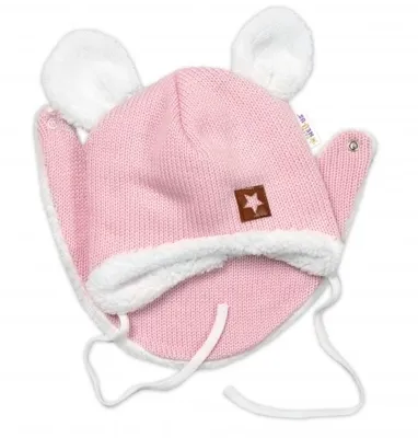 Imagen del producto de Baby Nellys: Gorro de invierno tejido con borla y bufanda, color rosa, talla 68/74