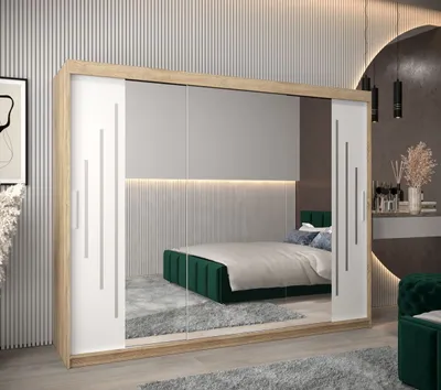 Produktbild von Kleiderschrank mit Spiegel PATRICIE – Breite 250 cm, Eiche sonoma / weiß