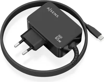 Produktbild von Aisens GaN Wall Charger ASCH-1PD65WL033-BK/ 1xUSB Type-C + 1.8m Cable/ 65W