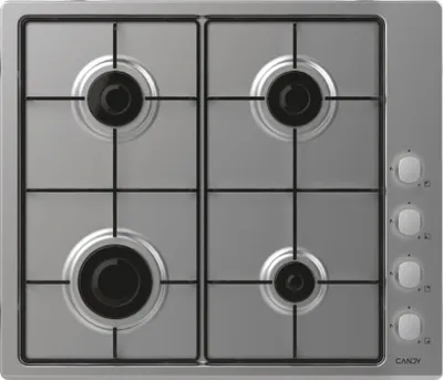 A top-down view of a stainless steel gas hob with four burners and control knobs on the right side.