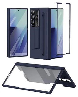 Obrázek produktu pro Pouzdro pro Samsung Galaxy Z Fold 7, matné tvrdé pouzdro s ochranou displeje, stojánkem, stylusem, ochranou fotoaparátu a pantu Modrá