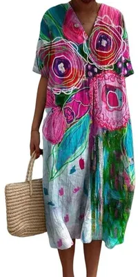 Produktbild von Sommerkleid für Damen – Kurze Ärmel, V-Ausschnitt, Blumenmuster