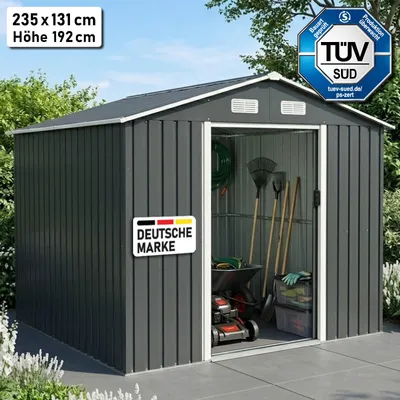 Produktbild von BRAST Gerätehaus Geräteschuppen Metall | 235x131x192 | Satteldach | Gartenhaus mit Doppelschiebetür | Anthrazit | wetterfest wasserdicht