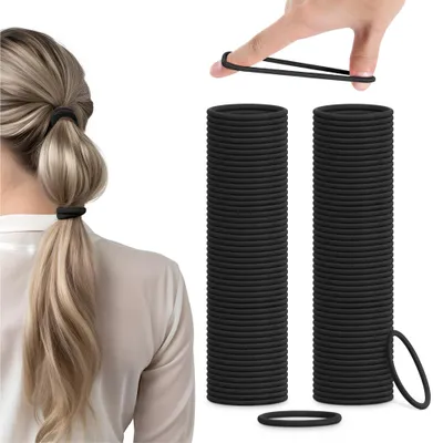 Produktbild von H&S Haargummi Set für Mädchen Damen und Herren schwarz - 100 Stück Zopfgummis 4mm klein - dünne Haargummis - weich und elastisch - ohne Metall - für