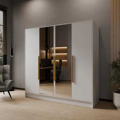 Produktbild von Drehtürenschrank LARO 200 cm Moderner Kleiderschrank mit Spiegel und glatten Türen, Weiß mit goldene Griffe