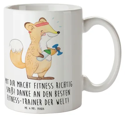 Produktbild von Mr. & Mrs. Panda Teetasse Fitness-Trainer Dank - Weiß - Geschenk, Kaffeebecher, Motivationssprüche, Pott, Wertschätzung, Aufmerksamkeit, Danke, Bedanken, Keramikbecher