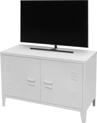 Image de Meuble TV style industriel avec 2 portes en métal – Dimensions 100x40x53 cm, coloris blanc