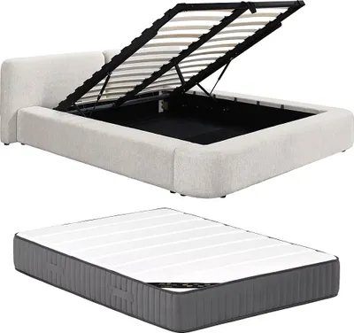 Produktbild von Bett mit Stauraum + Matratze 140 × 190 cm – Stoff – Beige – JUDALO by Maison Céphy