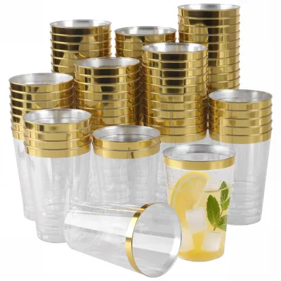 80 goldumrandete Plastikbecher, 360 ml, durchsichtig, wiederverwendbar