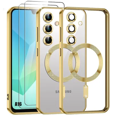Image de Coque + 2 Verres Trempés pour Samsung Galaxy A16 4G/5G avec Protection Objectif Cercle Magnétique - Doré