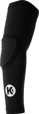 A black arm sleeve with padding on the elbow area and a white logo on the lower part.