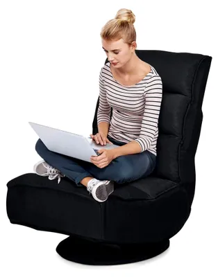 Produktbild von Bodenstuhl mit 360° drehbarem Sockel und 5-fach verstellbarer Rückenlehne (90°-135°), klappbarer Relaxsessel, bis 120 kg belastbar, Lazy Sofa für Wohnzimmer und Büro (Schwarz)