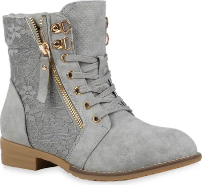 A single grey lace boot with gold accents is shown against a white background.