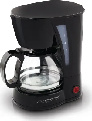 A black Esperanza filter coffee machine with a glass carafe is shown against a white background.