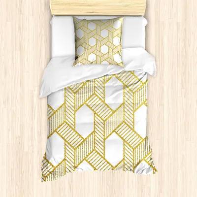Produktbild von ABAKUHAUS Geometrisch Mantele, Verschränkte Stripes, Milbensicher Allergiker geeignet mit Kissenbezügen, 135 cm x 200 cm - 80 x 80 cm, Gelb und Weiß