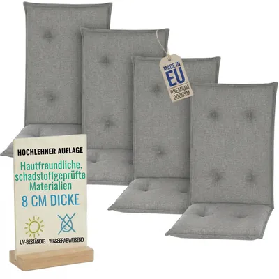 Produktbild von Pillows24 - 4x Hochlehner Auflagen 120x50x8 cm | Gesteppte Wetterfeste Gartenstuhlauflagen | Sitzkissen für Gartenmöbel |  EU | Dunkelgrau