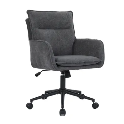 A dark gray office chair with a black base and wheels, shown against a white background.