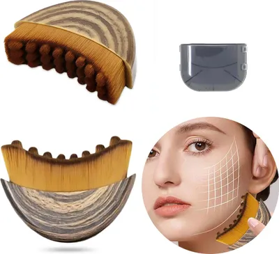 A collage of images showing a makeup brush, its cap, and a woman using it on her face.