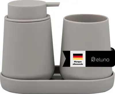 Image de eluno Set d'accessoires pour la salle de bain TESERO 3pcs. comprenant 1x distributeur de savon, 1x gobelet, 1x bol, en plastique en taupe