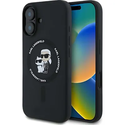 A black iPhone case with a Karl Lagerfeld and Choupette design is shown on a white background, with a portion of an iPhone visible.