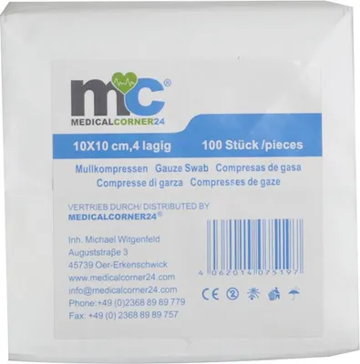 Produktbild von Medicalcorner24 Mullkompressen 4-lagig unsteril 10 x 10 cm, 100 Stück