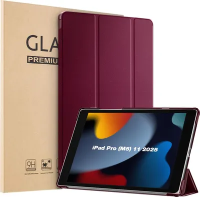 Produktbild von Schutzhülle + 2x 9H Display Glas für Apple iPad Pro 8. Gen (M5) 2025 11 Zoll Cover Case Schutz Tablet Farbe: Weinrot